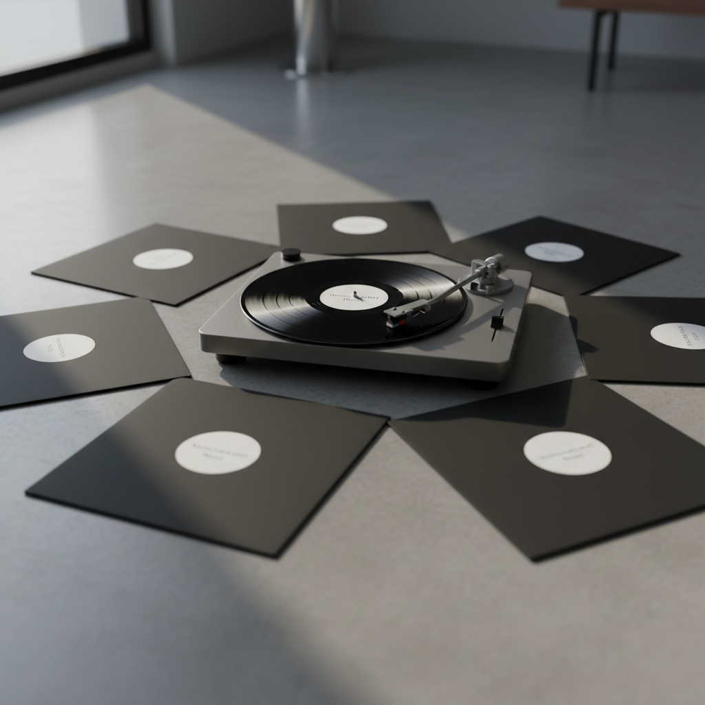 A collection of vinyl records in matte-black sleeves, each with a minimalist circular label reading “Nonchalant Music” in small, refined typography, fan out across a smooth concrete surface. One record lies centered on a brushed-metal turntable, its tonearm resting just above the silent groove. Soft, diffused side lighting from a nearby unseen window casts long, gentle shadows and subtle reflections on the record’s glossy surface. The atmosphere feels calm, patient, and quietly confident, evoking music that appears when it’s ready. Photographic realism with a slightly elevated angle and medium depth of field ensures crisp details on the front records while the rear sleeves gently blur into a subdued, modern background.