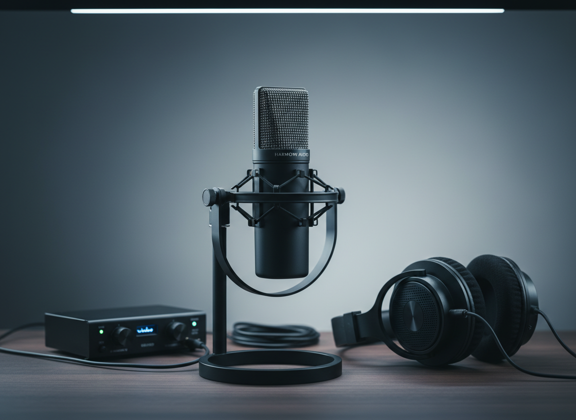A sleek matte-black studio condenser microphone with a fine metal mesh grille and subtle silver logo, suspended in a minimalist shock mount, hovering above a clean, dark walnut desk. Around it, closed-back studio headphones rest neatly beside a compact audio interface with softly glowing LED meters. Cool, controlled studio lighting from above and behind creates gentle highlights along the microphone’s contours and a calm gradient on the charcoal backdrop. The mood is professional, composed, and understated, suggesting “good music, released whenever.” Photographic realism, shot at eye level with a shallow depth of field, keeps the microphone in crisp focus while the background falls into a smooth, quiet blur, creating a refined, modern hero image for a music company homepage.